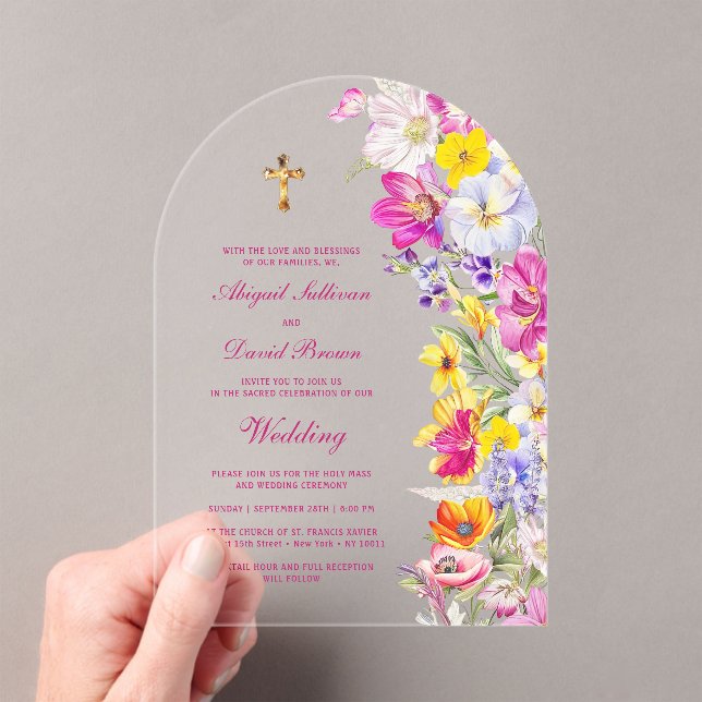 Bright Wildflowers Arch Religious Wedding Acrylic Invitations (Insitu (Handheld))