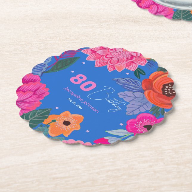 Bright Wildflowers Pink Blue Birthday party Paper Coaster (Angled)
