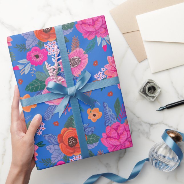 Bright Wildflowers Pink Blue Birthday party Wrapping Paper (Gifting)