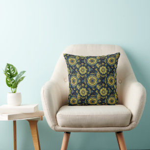 Bright Yellow and Blue Batik Design Throw Pillow