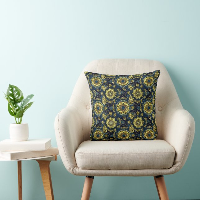 Bright Yellow and Blue Batik Design Throw Pillow (Chair)