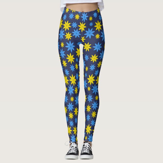 Bright yellow and blue floral pattern leggings (Front)