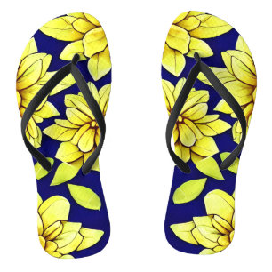 Bright Yellow and Blue Floral Seamless Pattern Flip Flops