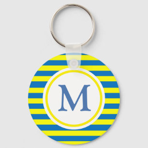 Bright Yellow and Blue Stripes Monogram Keychain