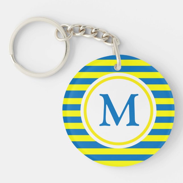 Bright Yellow and Blue Stripes Monogram Keychain (Front)