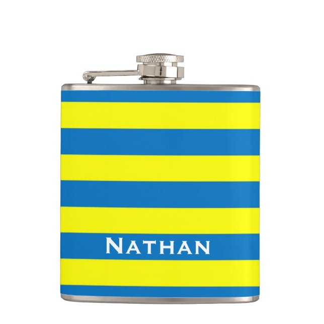 Bright Yellow and Blue Stripes Personalised Hip Flask (Front)