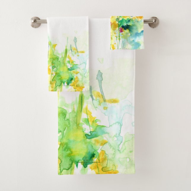 Bright Yellow and Green Abstract Wild Blooms Bath Towel Set (Insitu)