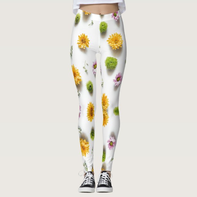Bright yellow and pink zinnia on white background leggings (Front)