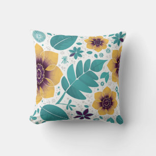 Bright Yellow and Teal Floral on White Background Throw Pillow