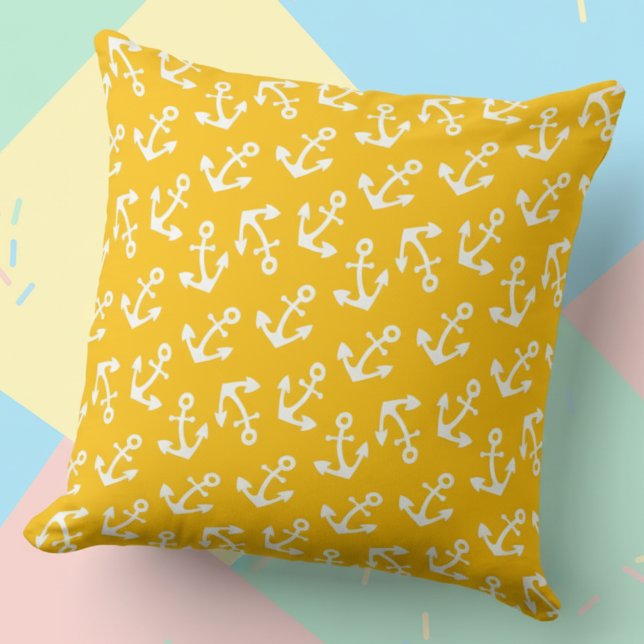 Bright Yellow and White Anchors Nautical Cotton Throw Pillow (Bright yellow and white anchor pillow.)