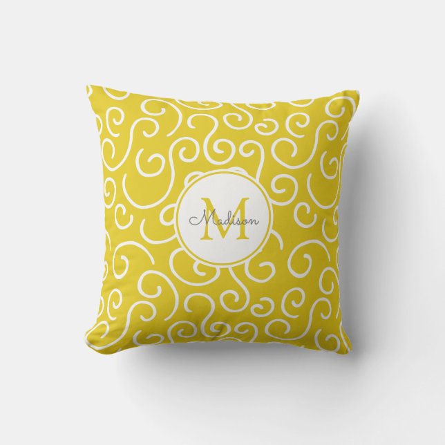 Bright Yellow and White Pattern with Monogram Throw Pillow (Front)