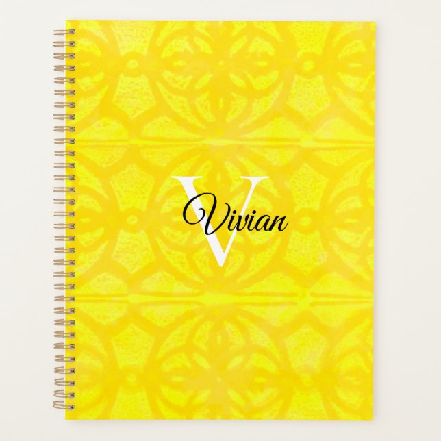Bright Yellow Batik Elegant Monogram Name Planner (Front)