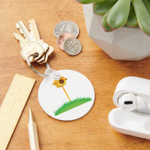 Bright Yellow Birdhouse on Grass Keychain