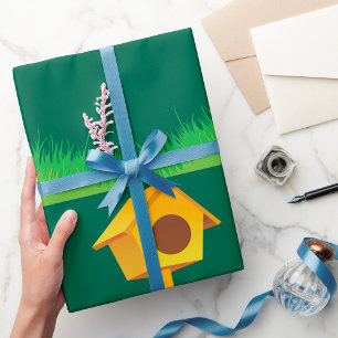 Bright Yellow Birdhouse on Grass Wrapping Paper