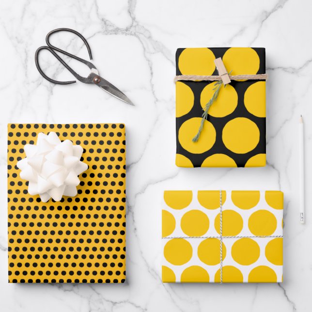 Bright Yellow, black And White Dots Design Wrapping Paper Sheet (Front)