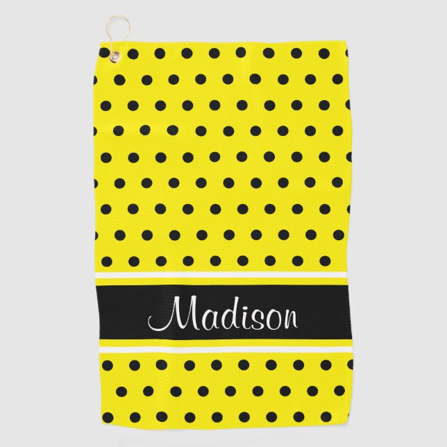 Bright Yellow Black Polka Dot Stripe Script Name Golf Towel (Front)