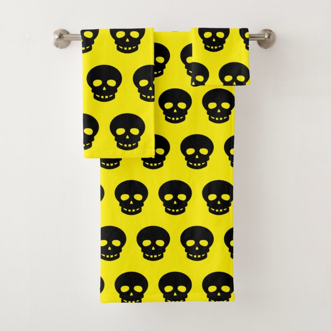 Bright Yellow Black Skull Goth Bath Towel Set (Insitu)