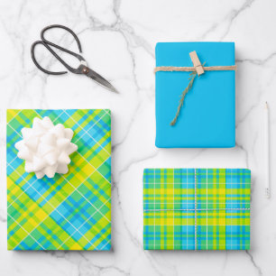 Bright Yellow, Blue, Green & White Plaid Wrapping Paper Sheet