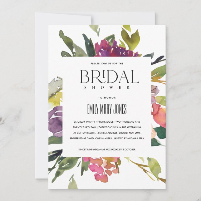 BRIGHT YELLOW BLUSH BURGUNDY FLORAL BRIDAL SHOWER INVITATION (Front)