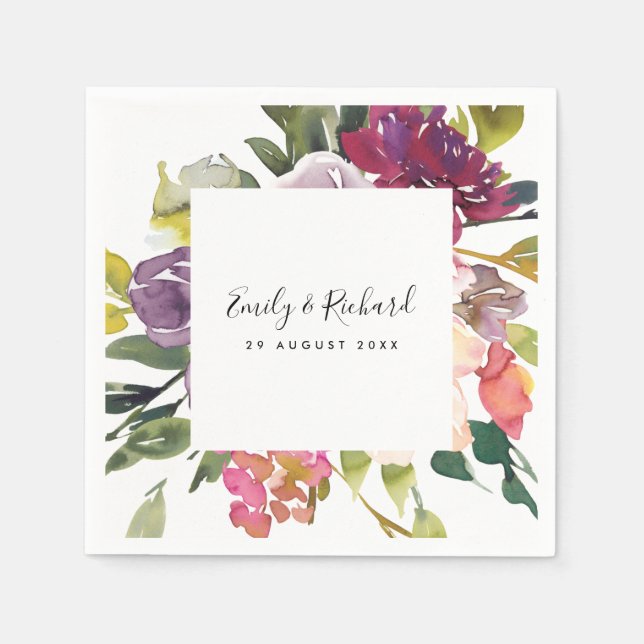 BRIGHT YELLOW BLUSH BURGUNDY FLORAL BUNCH WEDDING NAPKIN (Front)