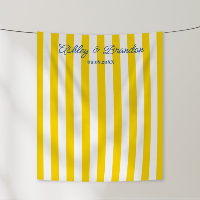 Bright Yellow Cabana Stripe Personalized Wedding Tapestry (Creator Uploaded)