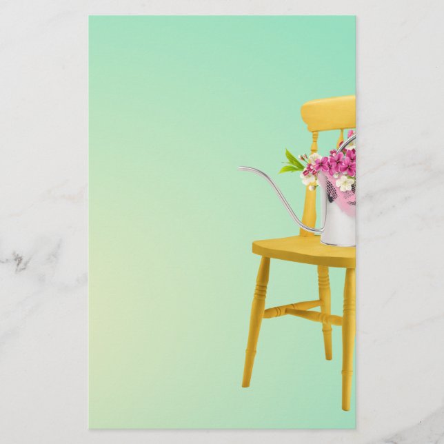 Bright Yellow Chair With Watering Can of Flowers Stationery (Front)