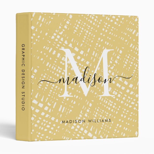 Bright Yellow Chic Pattern Monogram Script Name Binder (Front/Spine)