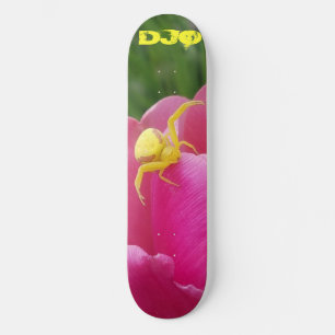 Bright Yellow Crab Spider  Pink Flower  initials Skateboard