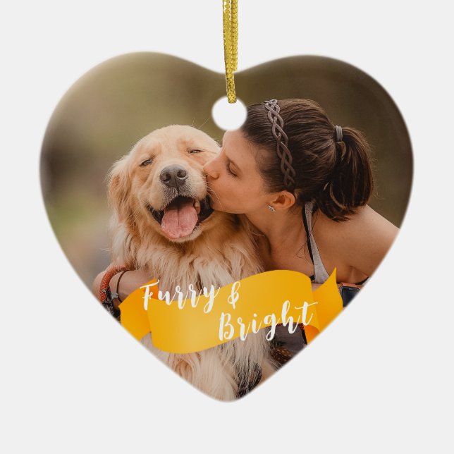 Bright Yellow Custom Dog Photo Happy Pawlidays  Ceramic Ornament (Front)