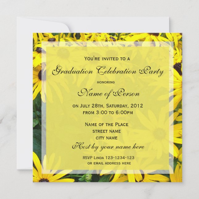 Bright yellow daisy floral graduation party invitation (Front)