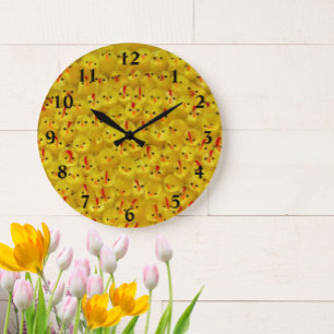 Bright Yellow Easter Chicks Modern Pattern Fun Large Clock