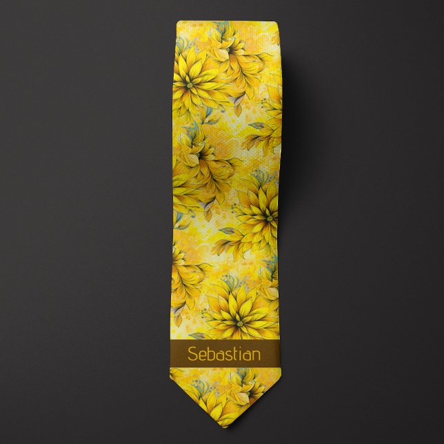 Bright Yellow Floral Monogram Tie (Creator Uploaded)