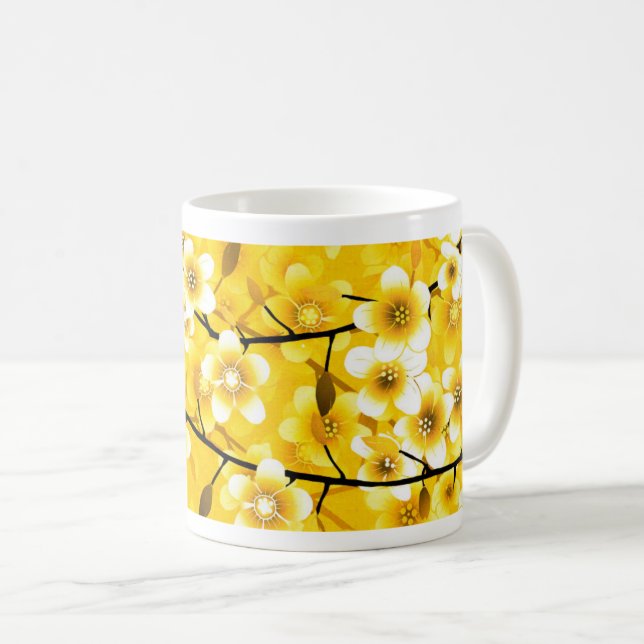 Bright Yellow Floral Pattern Design Coffee Mug (Front Right)