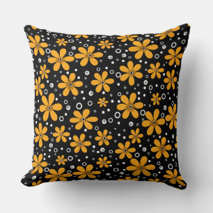 Bright yellow floral pattern on black background w throw pillow