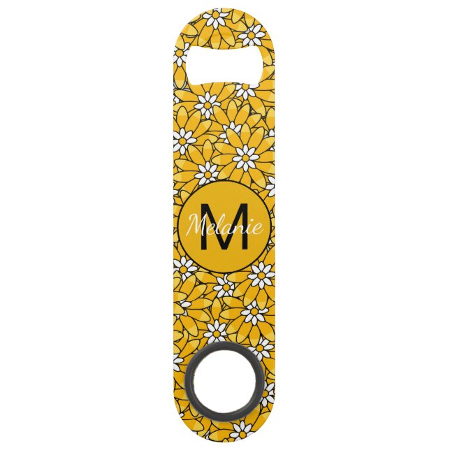 Bright Yellow Floral Pattern Personalised Bar Key (Front)