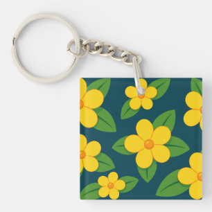 Bright Yellow Floral Pattern with Green Leaves Keychain