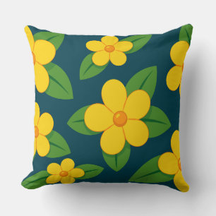Bright Yellow Floral Pattern with Green Leaves Throw Pillow