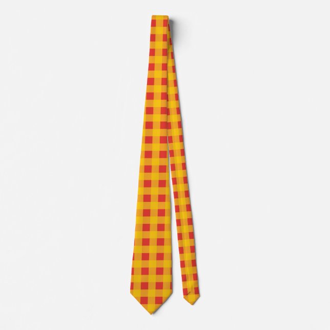 Bright Yellow Gingham in Red and Orange Chequered Tie (Front)