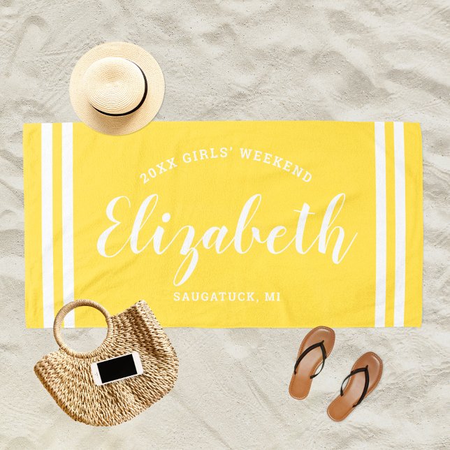 Bright Yellow Girls Weekend Monogram Name Beach Towel (Creator Uploaded)