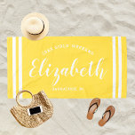 Bright Yellow Girls Weekend Personalized Name Beach Towel<br><div class="desc">Personalized beach towel design for a girls' weekend vacation getaway features a custom first name in modern script writing framed by coastal stripes,  with custom text for the occasion. The bright golden yellow background colour can be modified. Please visit our shop for other colour options.</div>