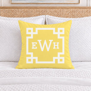 Bright Yellow Greek Key Monogram Initial Throw Pillow