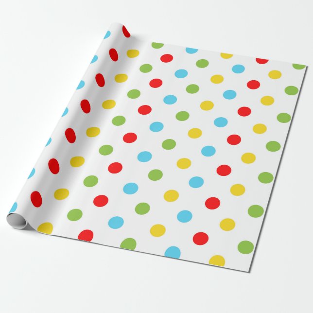 Bright Yellow Green Blue and Red Polka Dots Wrapping Paper (Unrolled)