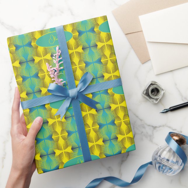 Bright Yellow Green Jungle Style Pattern Monogram Wrapping Paper (Gifting)
