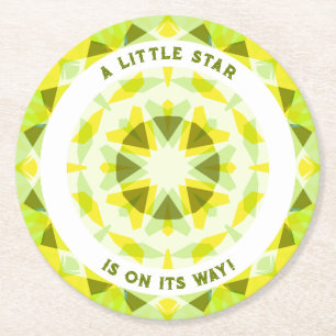 Bright Yellow Green Star Gender Reveal Baby Shower Round Paper Coaster