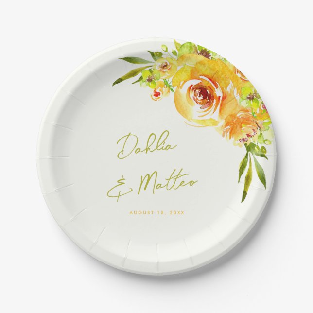 Bright Yellow Green Vibrant Summer Floral Wedding Paper Plate (Front)