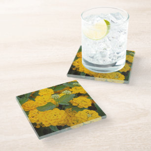 Bright Yellow Lantana Flower Blooms Cheerful Glass Coaster