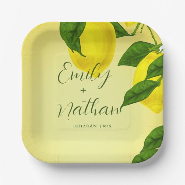 Bright Yellow Lemon Citrus Wedding Party  Paper Plate (Front)