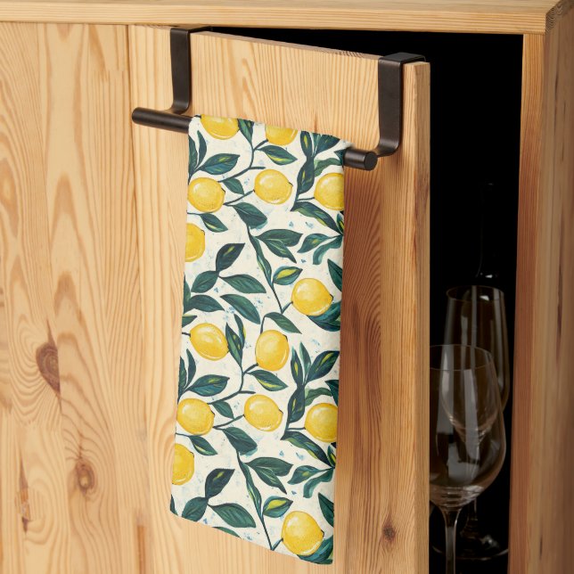 Bright Yellow Lemon Tree Branches Two-Tone Kitchen Towel (Thirds Fold)