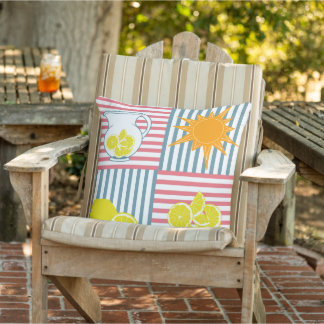 Bright yellow lemons, orange sun, summer pitchers  outdoor pillow