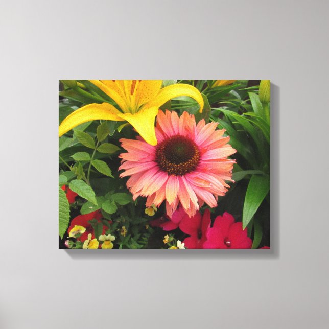 Bright Yellow Lilies With Pink Coneflower Canvas (Front)